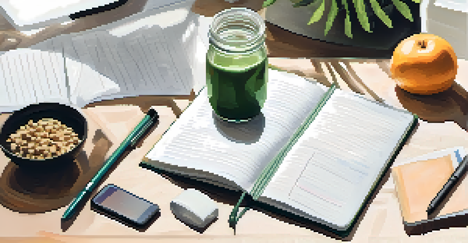 A workspace with a notebook detailing SMART goals, alongside a fitness journal, yoga mat, and healthy snacks, all in soft lighting.