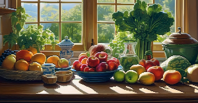 A bright kitchen with a wooden table filled with fresh fruits and vegetables, illuminated by natural sunlight.