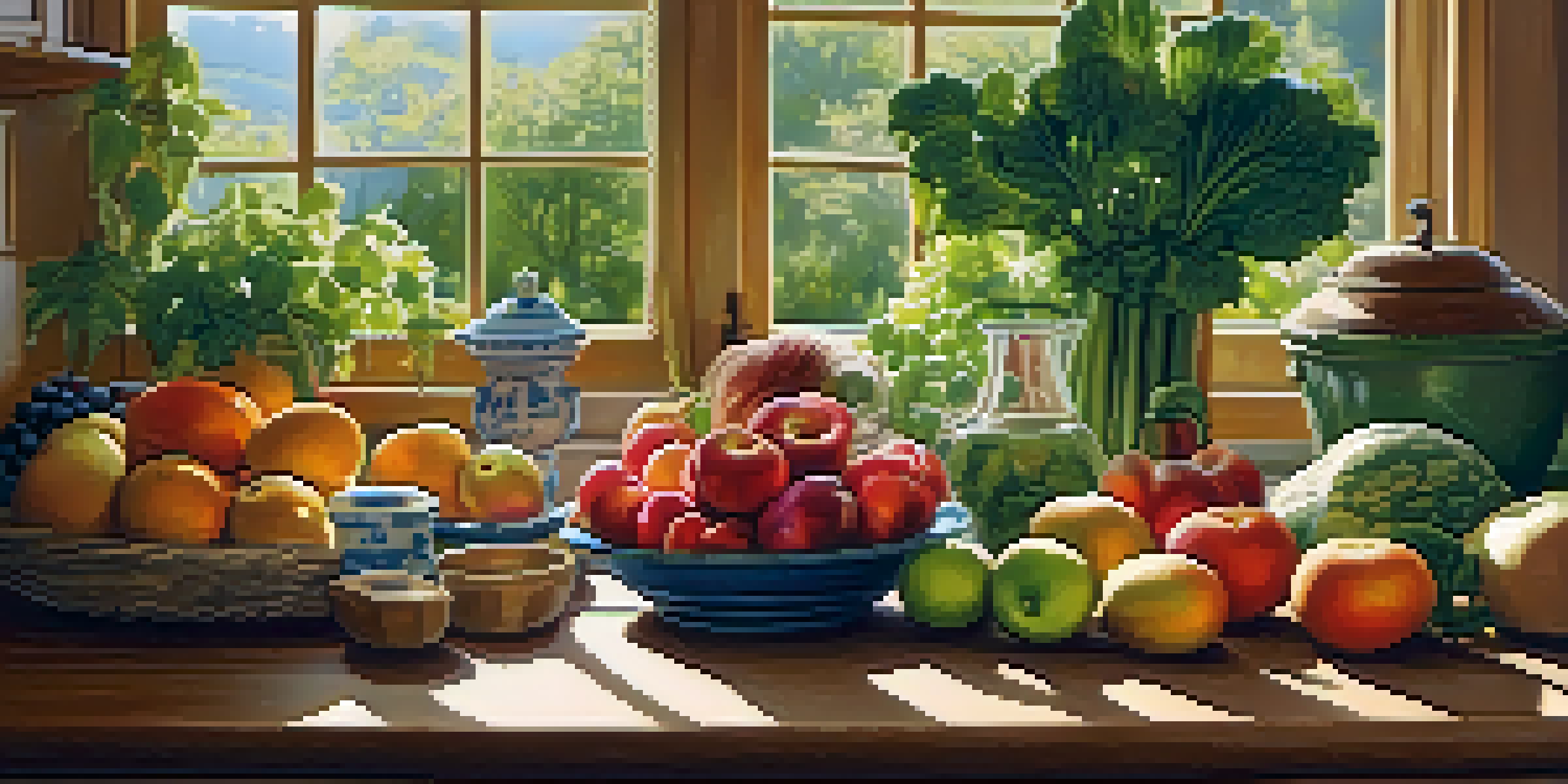 A bright kitchen with a wooden table filled with fresh fruits and vegetables, illuminated by natural sunlight.