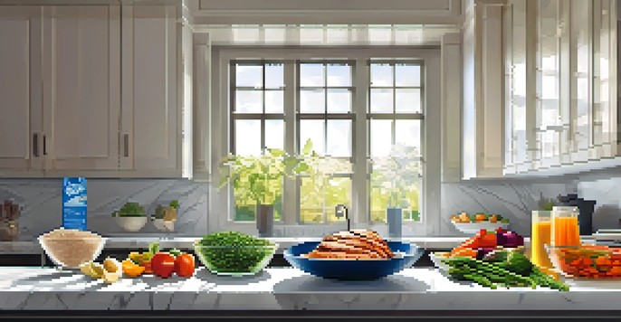 A kitchen countertop displaying grilled chicken, quinoa, colorful vegetables, and a glass of water, with sunlight illuminating the scene.