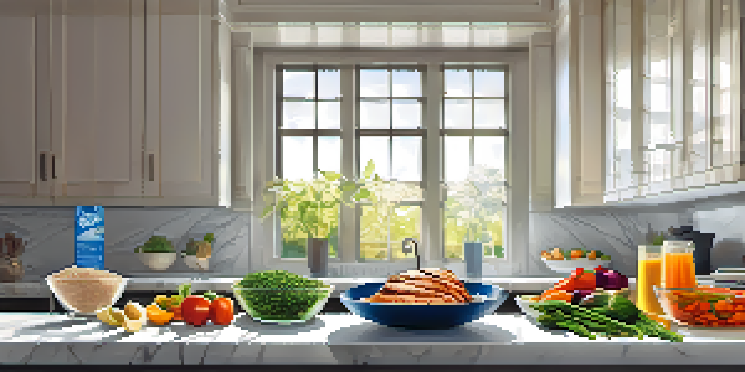 A kitchen countertop displaying grilled chicken, quinoa, colorful vegetables, and a glass of water, with sunlight illuminating the scene.