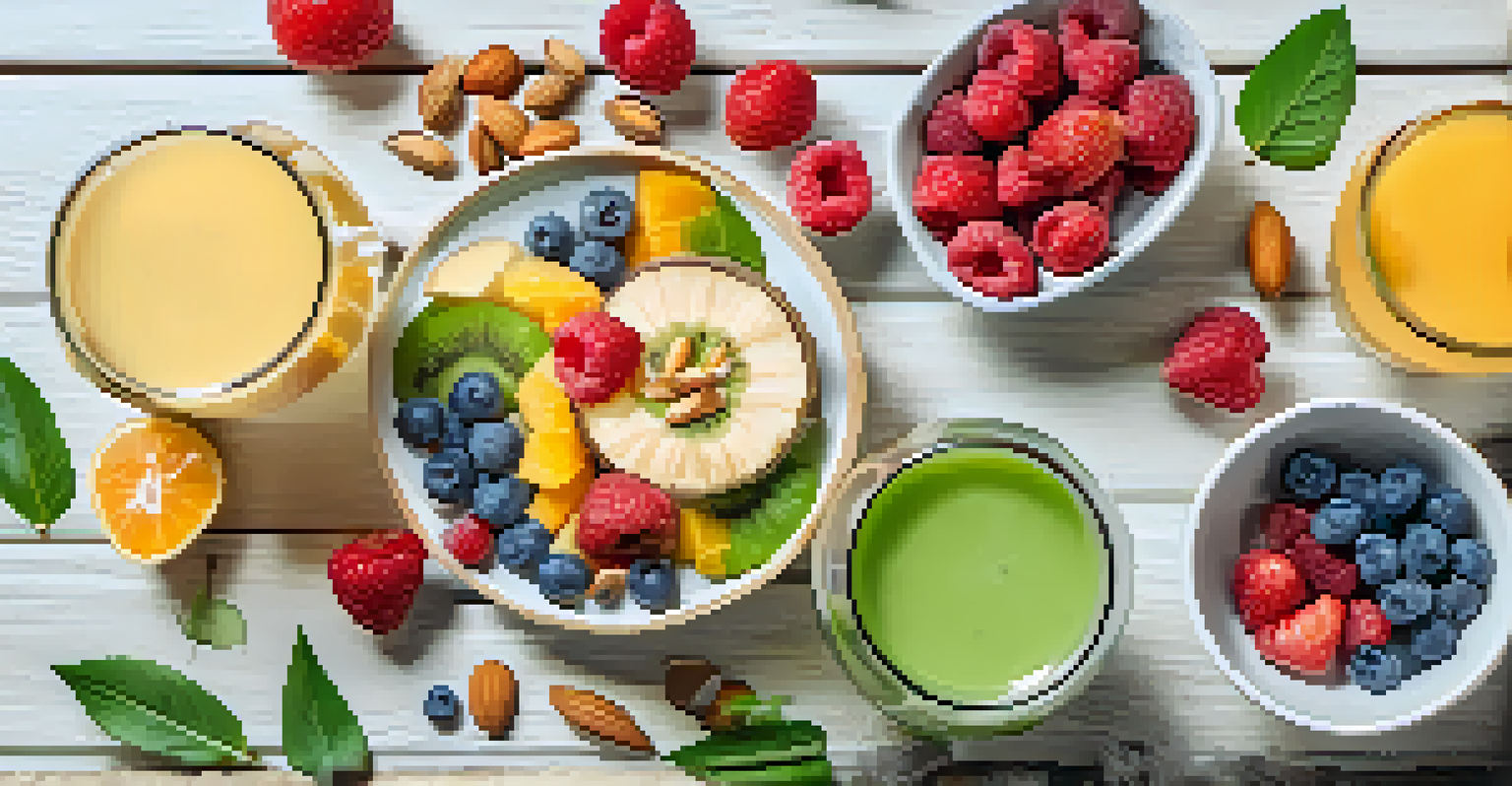 A flat lay of hydration options including water, coconut water, herbal tea, and a colorful smoothie bowl on a light wooden surface.