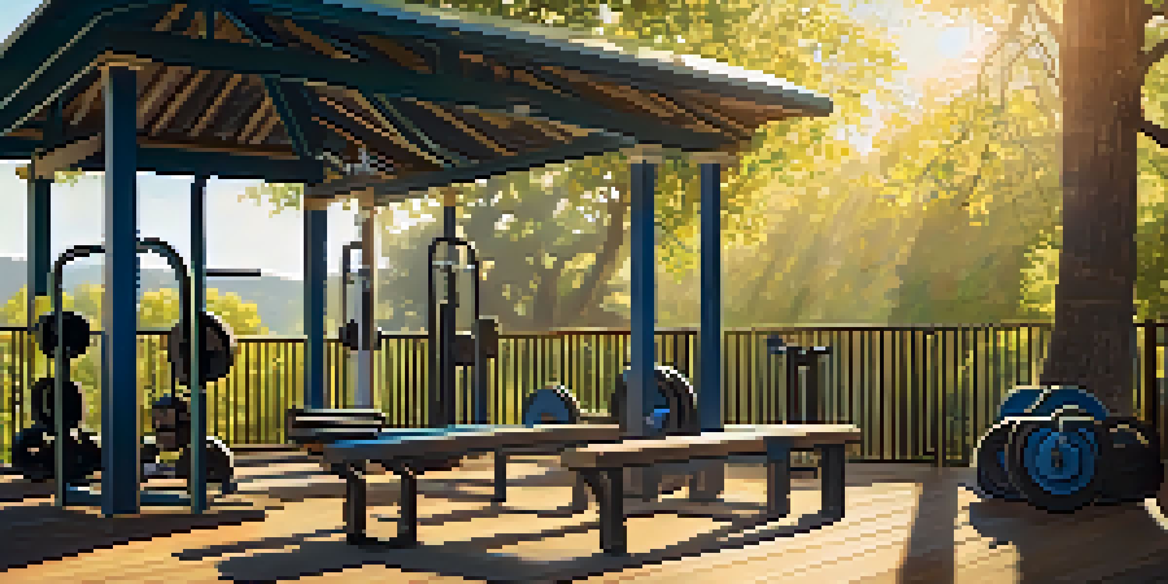 An outdoor gym with strength training equipment surrounded by trees at sunrise, with soft sunlight illuminating the scene.
