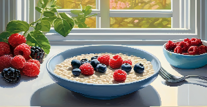 A healthy pre-workout meal in a bright kitchen, including oatmeal with berries and protein powder.