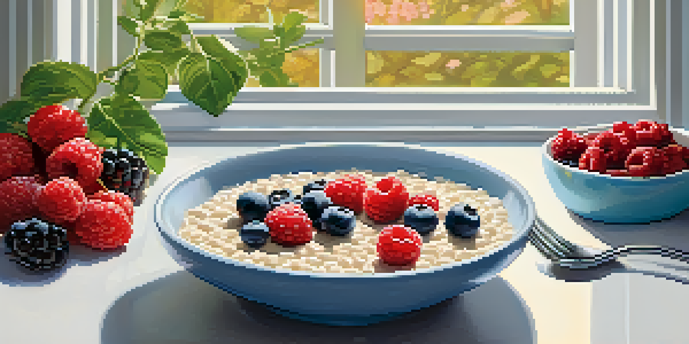 A healthy pre-workout meal in a bright kitchen, including oatmeal with berries and protein powder.