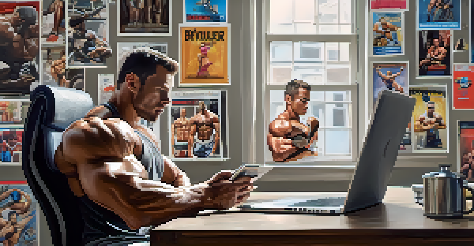 A bodybuilder recording a motivational video in a room decorated with fitness awards and posters.