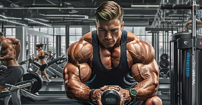 A bodybuilder in a modern gym lifting weights with a wearable fitness tracker, showing metrics on the screen.