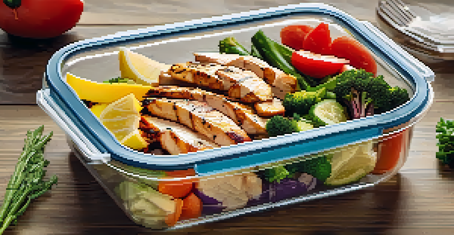 A meal prep container with grilled chicken, quinoa, and colorful vegetables on a wooden table, accompanied by a glass of water with lemon slices.