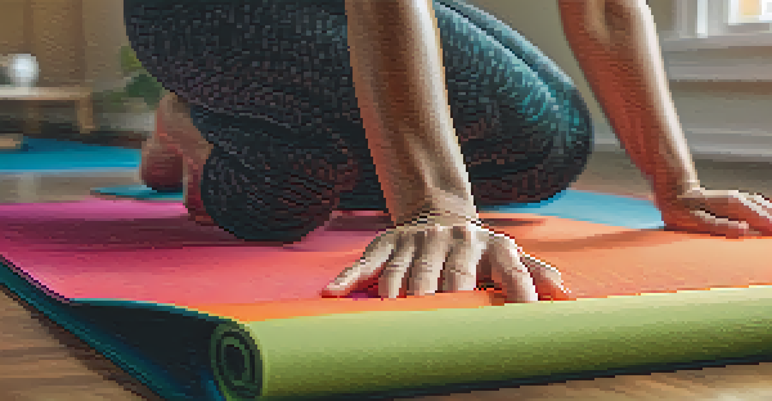 Close-up of hands gripping a yoga mat in a home workout space, with soft lighting and motivational quotes visible.