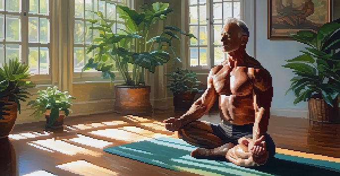 An elderly male bodybuilder practicing yoga on a mat in a bright indoor gym, surrounded by plants, with sunlight streaming in.