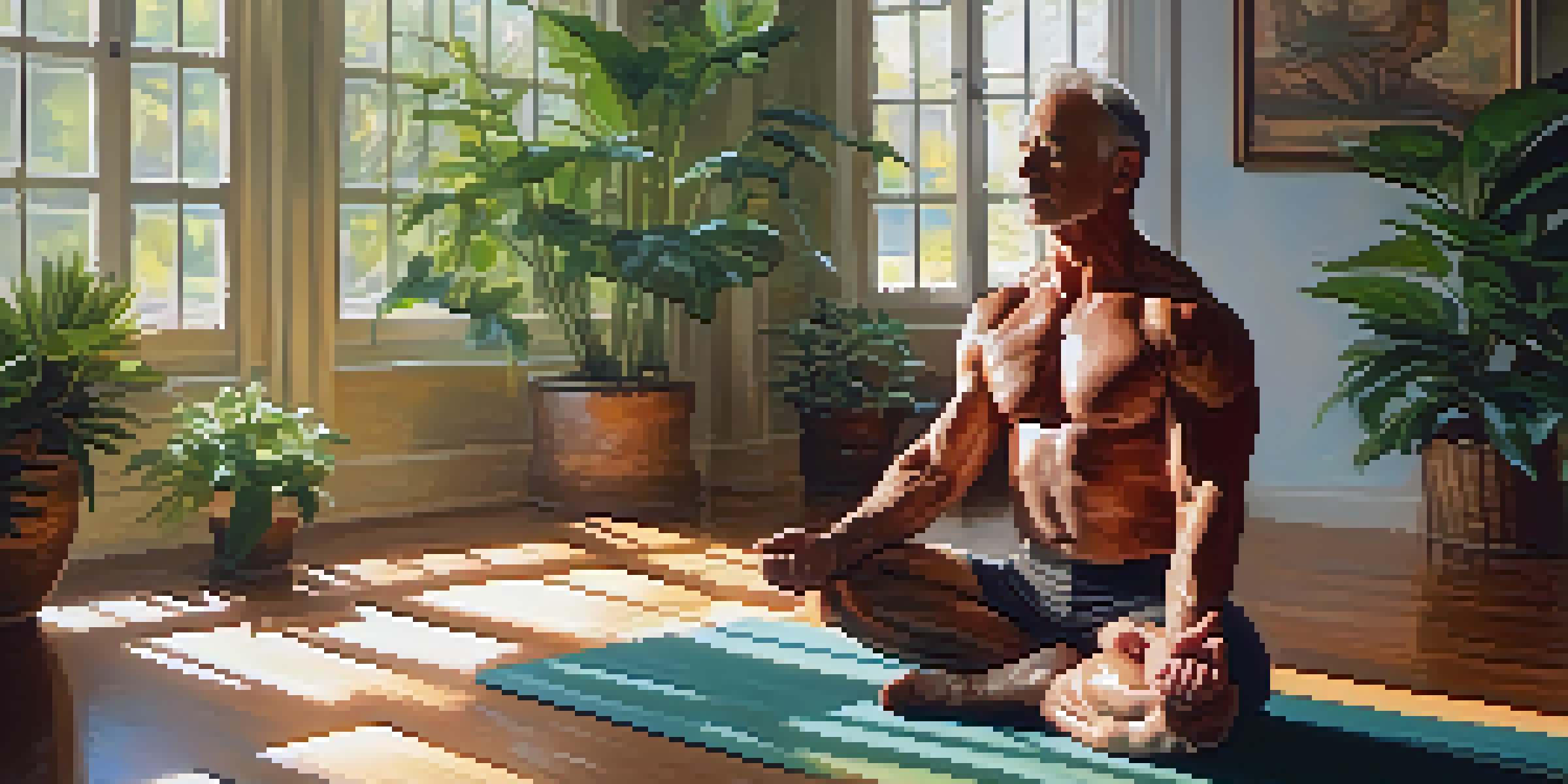 An elderly male bodybuilder practicing yoga on a mat in a bright indoor gym, surrounded by plants, with sunlight streaming in.