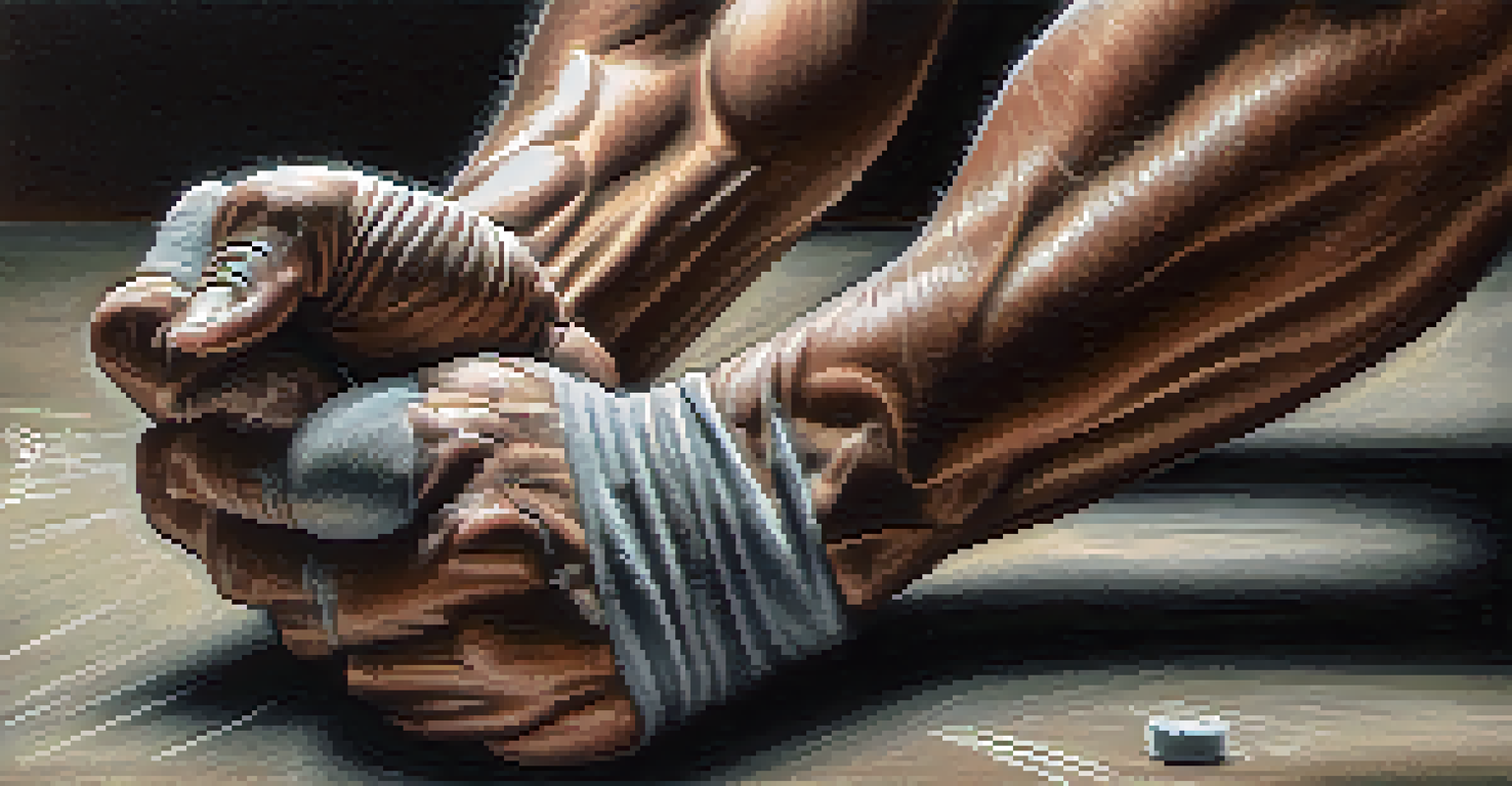 A close-up of a bodybuilder's hands applying chalk before lifting weights, with soft lighting and a blurred background.