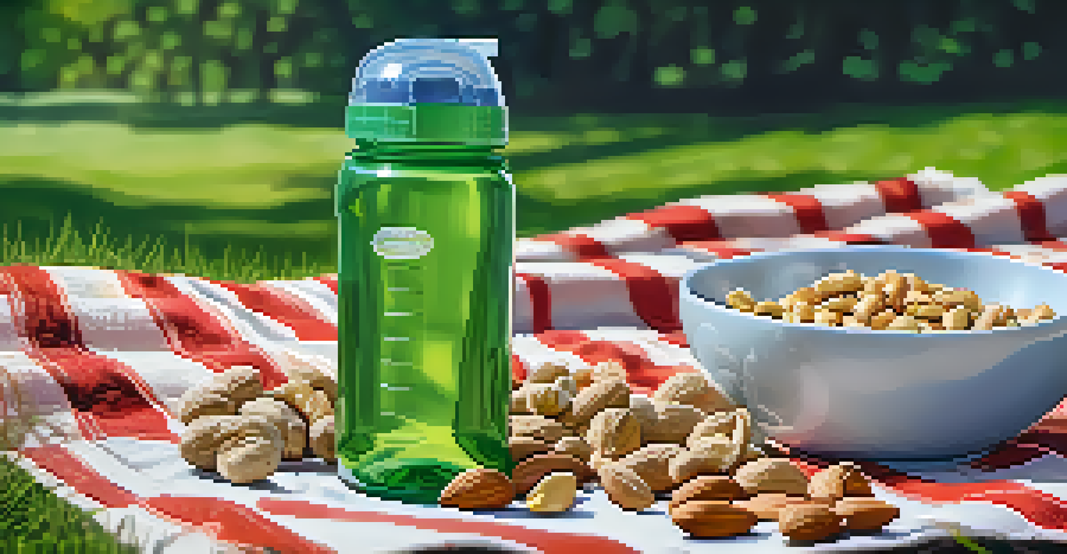 A peaceful outdoor scene with a water bottle and bowl of mixed nuts on a picnic blanket in a park.