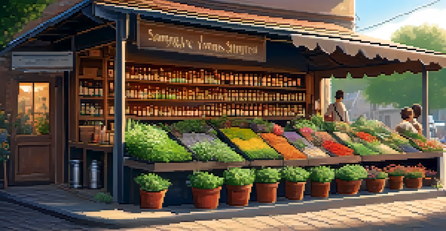 A local herbalist's market stall displaying natural supplements with fresh herbs and flowers, set in a sunny outdoor environment.