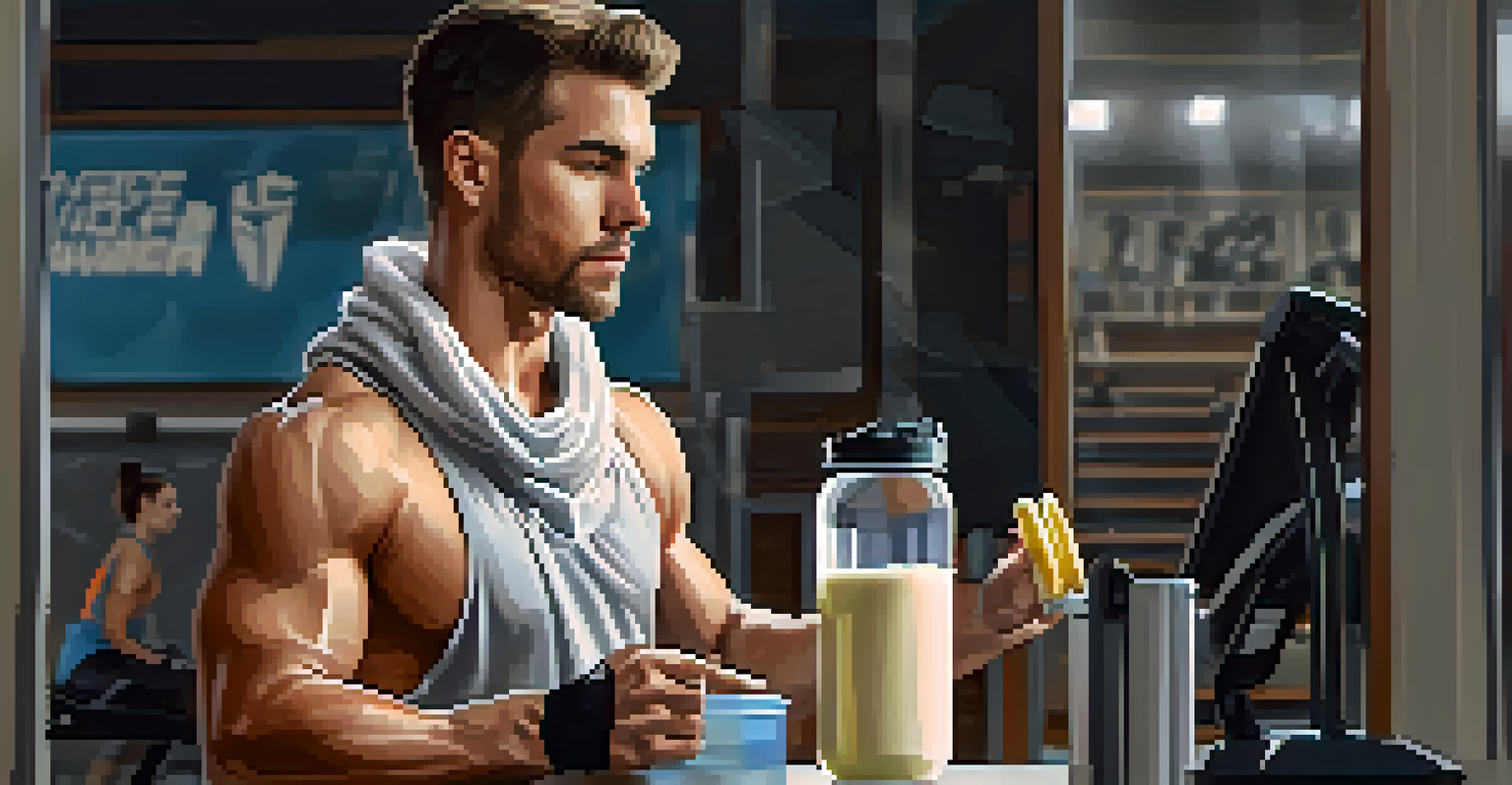 A person in a gym making a post-workout recovery shake with protein powder and banana in a blender.