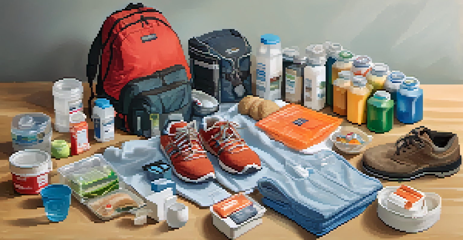 A competitor's gear and supplies arranged neatly, including posing trunks, shoes, a first-aid kit, and healthy snacks on a clean surface.