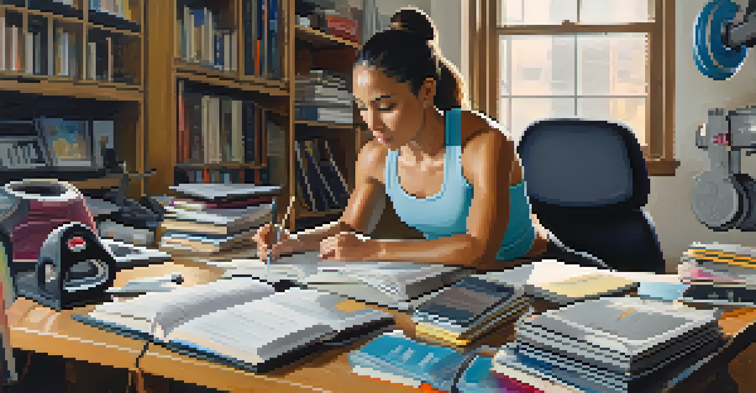 An athlete at a desk with sports equipment and training journals, illustrating the focus on tracking progress.