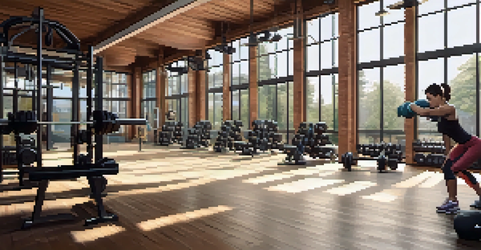 A bright gym with strength training equipment, showing a trainer demonstrating a squat to a client, creating a motivating fitness environment.