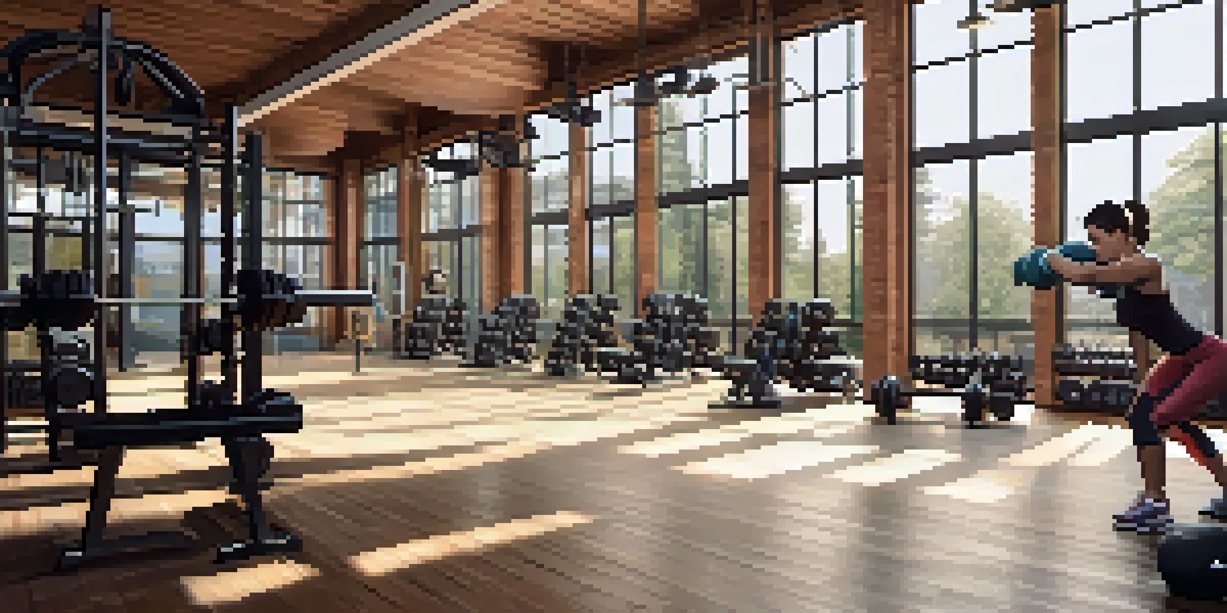 A bright gym with strength training equipment, showing a trainer demonstrating a squat to a client, creating a motivating fitness environment.