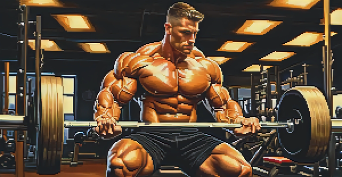 A determined bodybuilder lifting a heavy barbell in a dimly lit gym, showcasing well-defined muscles and a warm atmosphere.
