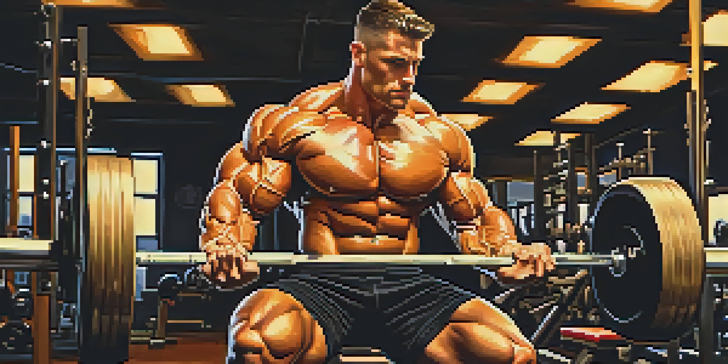 A determined bodybuilder lifting a heavy barbell in a dimly lit gym, showcasing well-defined muscles and a warm atmosphere.