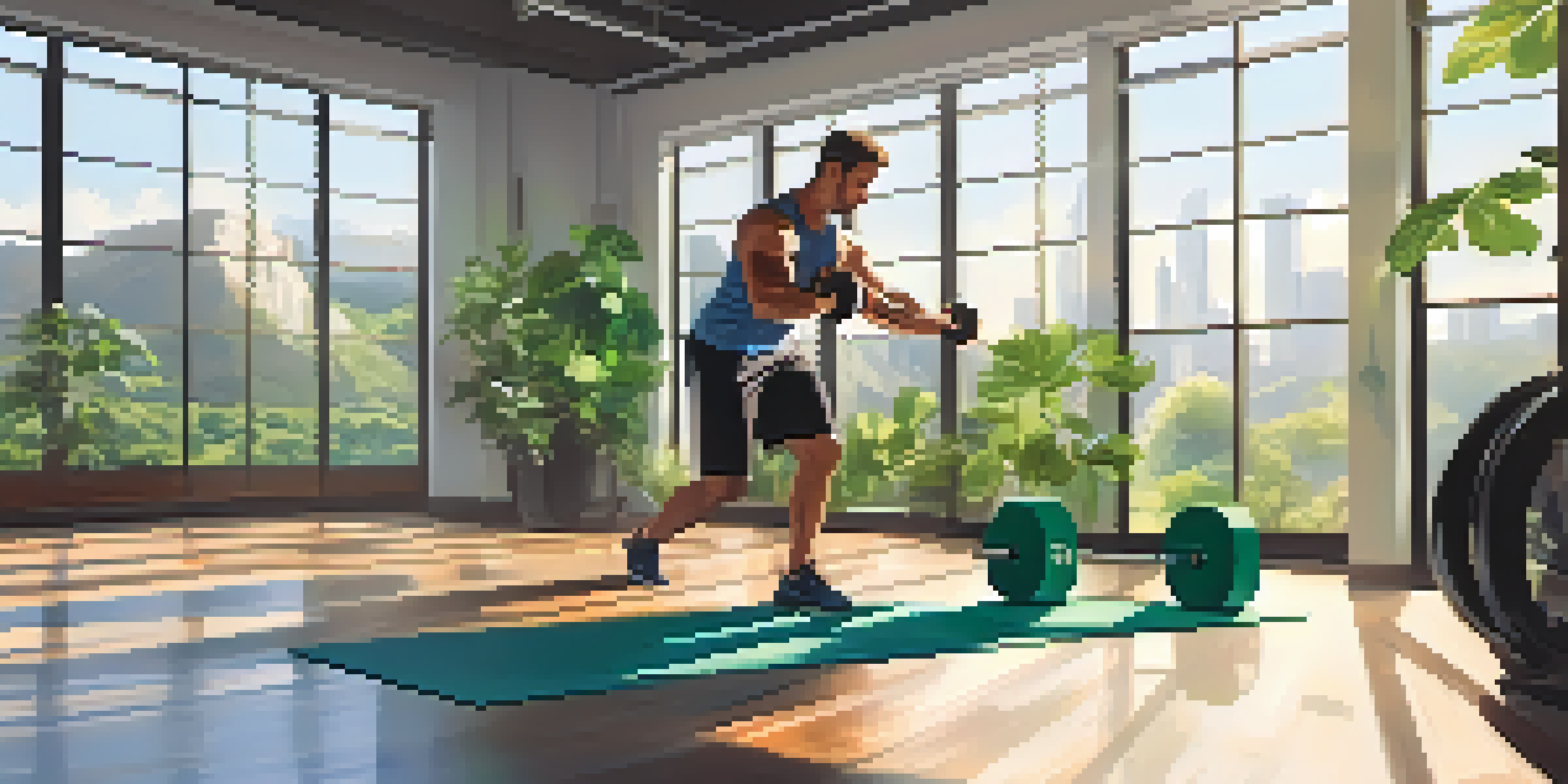 A person training with dumbbells in a bright fitness studio surrounded by plants, emphasizing a balanced workout routine.