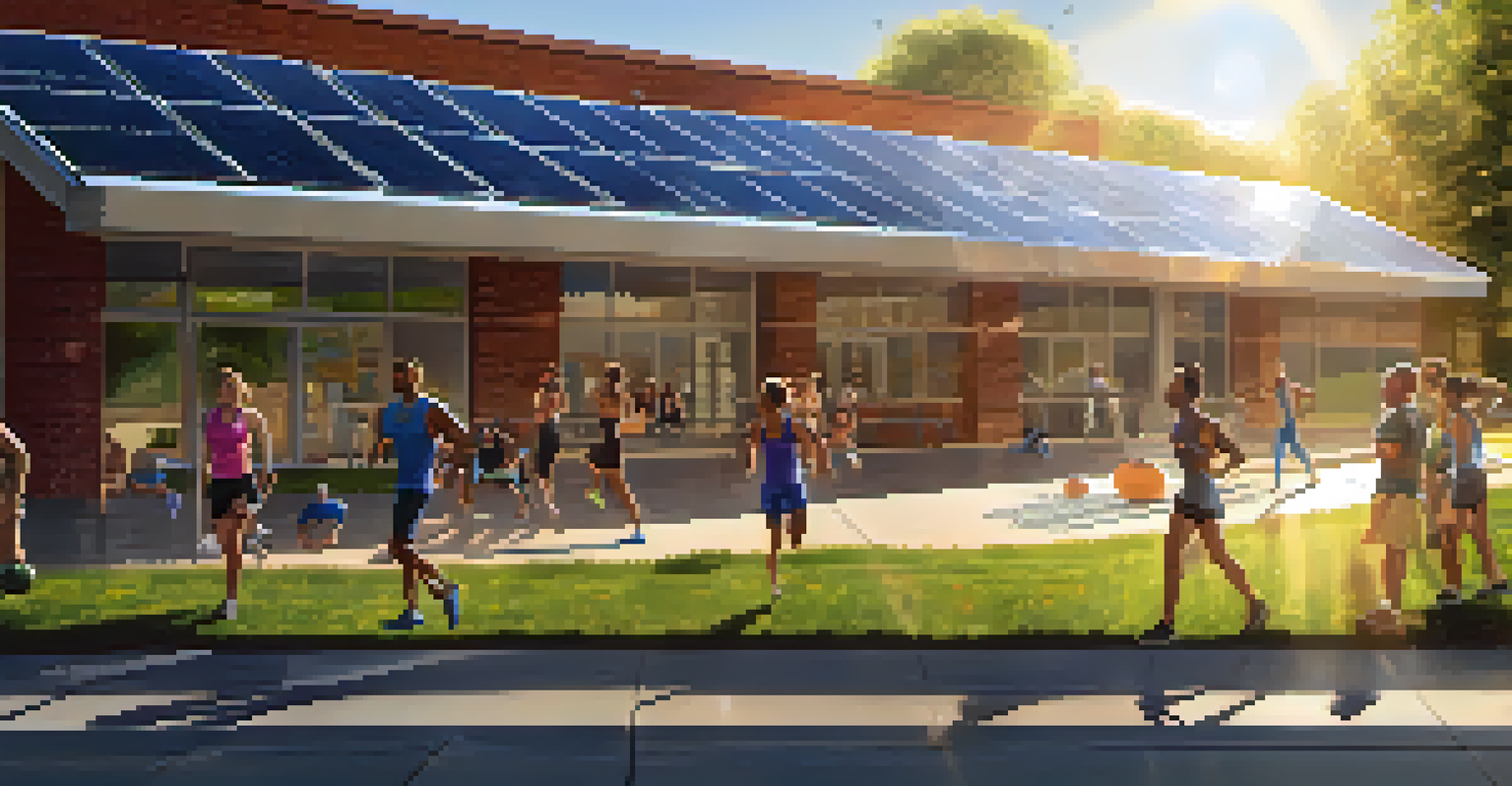 Outdoor view of a gym with solar panels on the roof and people exercising in front.