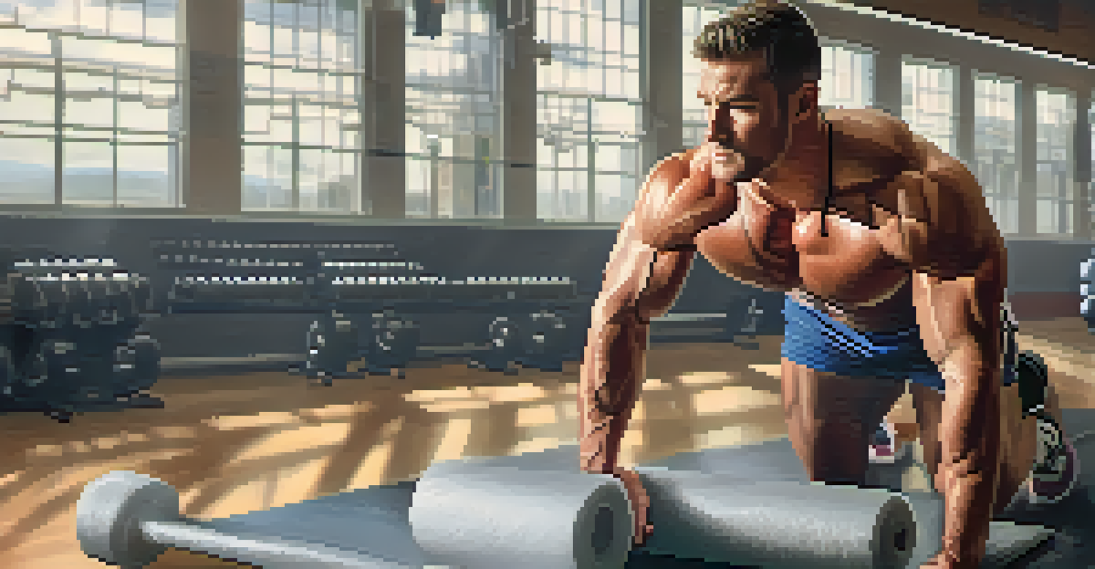A bodybuilder using a foam roller on a gym mat, depicting a relaxed expression in a well-equipped gym.