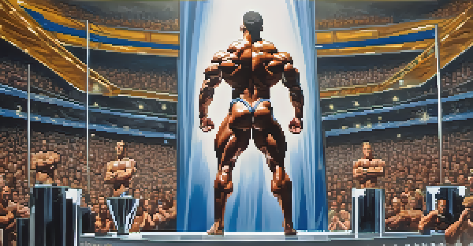 A bodybuilder visualizing success in front of a mirror, with trophies and competition banners in the background.