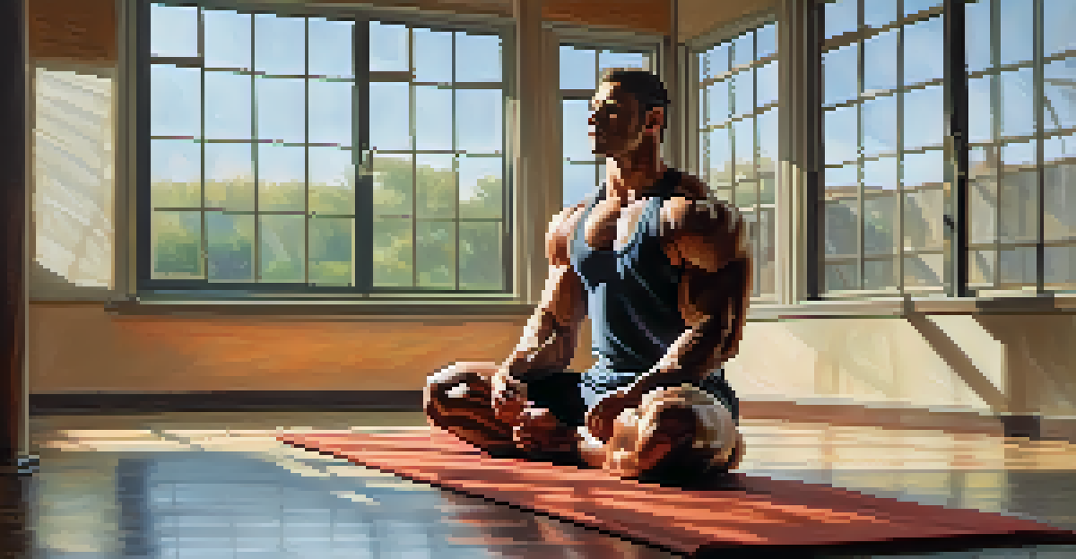 A bodybuilder sitting cross-legged on a gym mat, eyes closed in peaceful meditation, with soft sunlight filtering through a window.