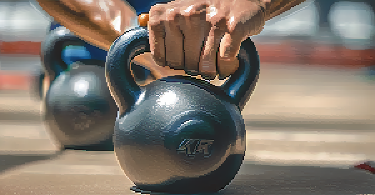 A close-up of an athlete's hands gripping a kettlebell, showcasing determination and intensity during a workout.