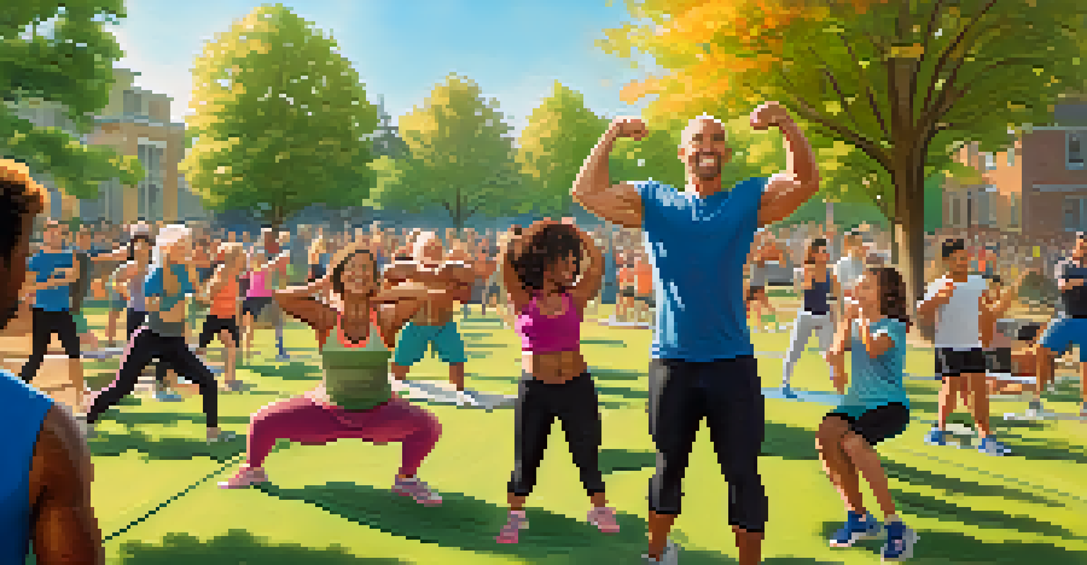 A diverse group of individuals working out together in a sunny park, highlighting community support in fitness.