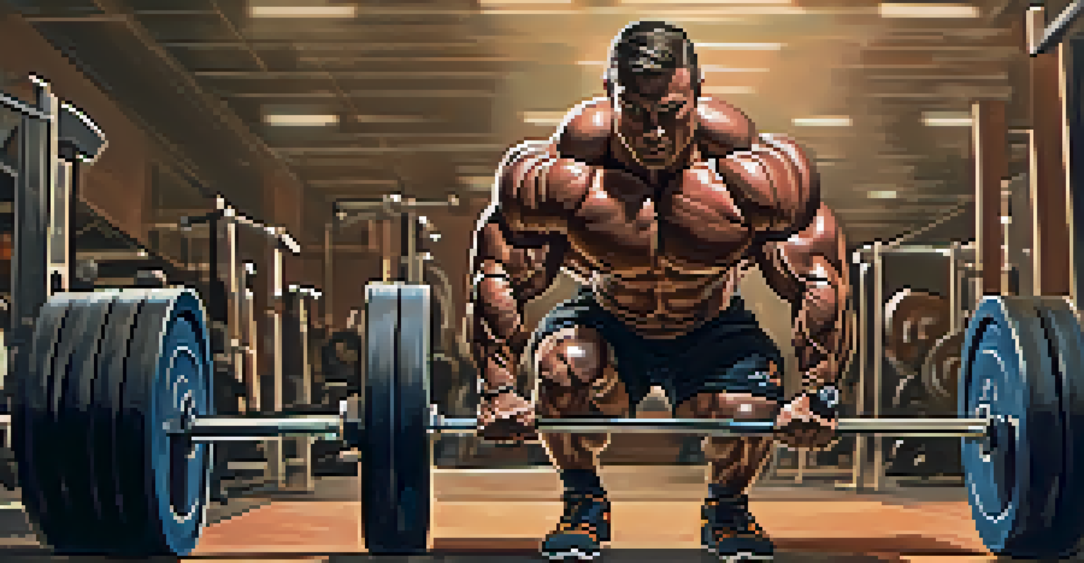 A bodybuilder lifting a heavy weight in a gym, showcasing muscle definition and focused expression under soft lighting.