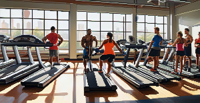 A vibrant gym filled with diverse individuals working out, surrounded by sunlight and colorful equipment.