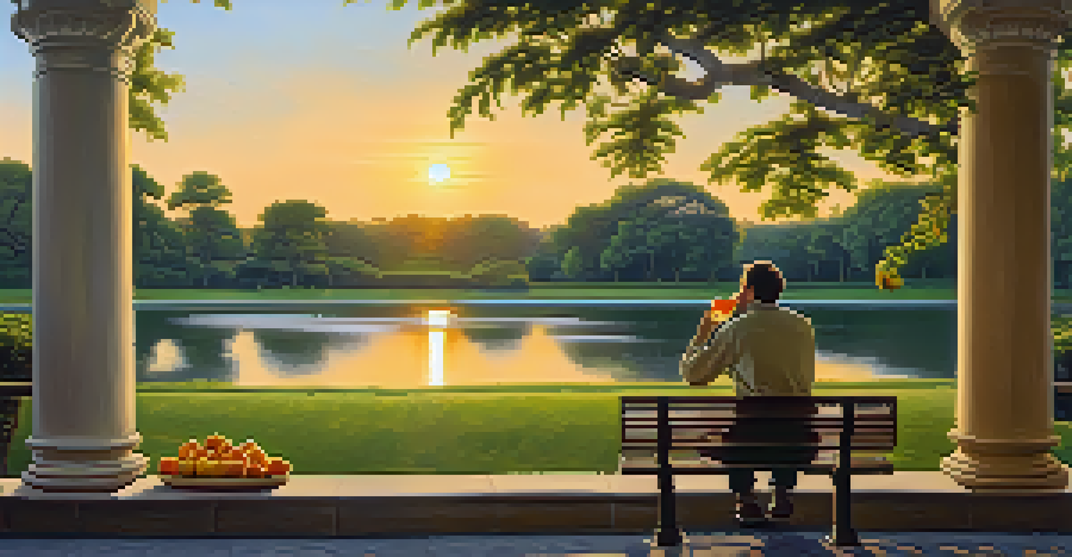 A person relaxing in a park with a fruit bowl and water, surrounded by greenery during sunset.