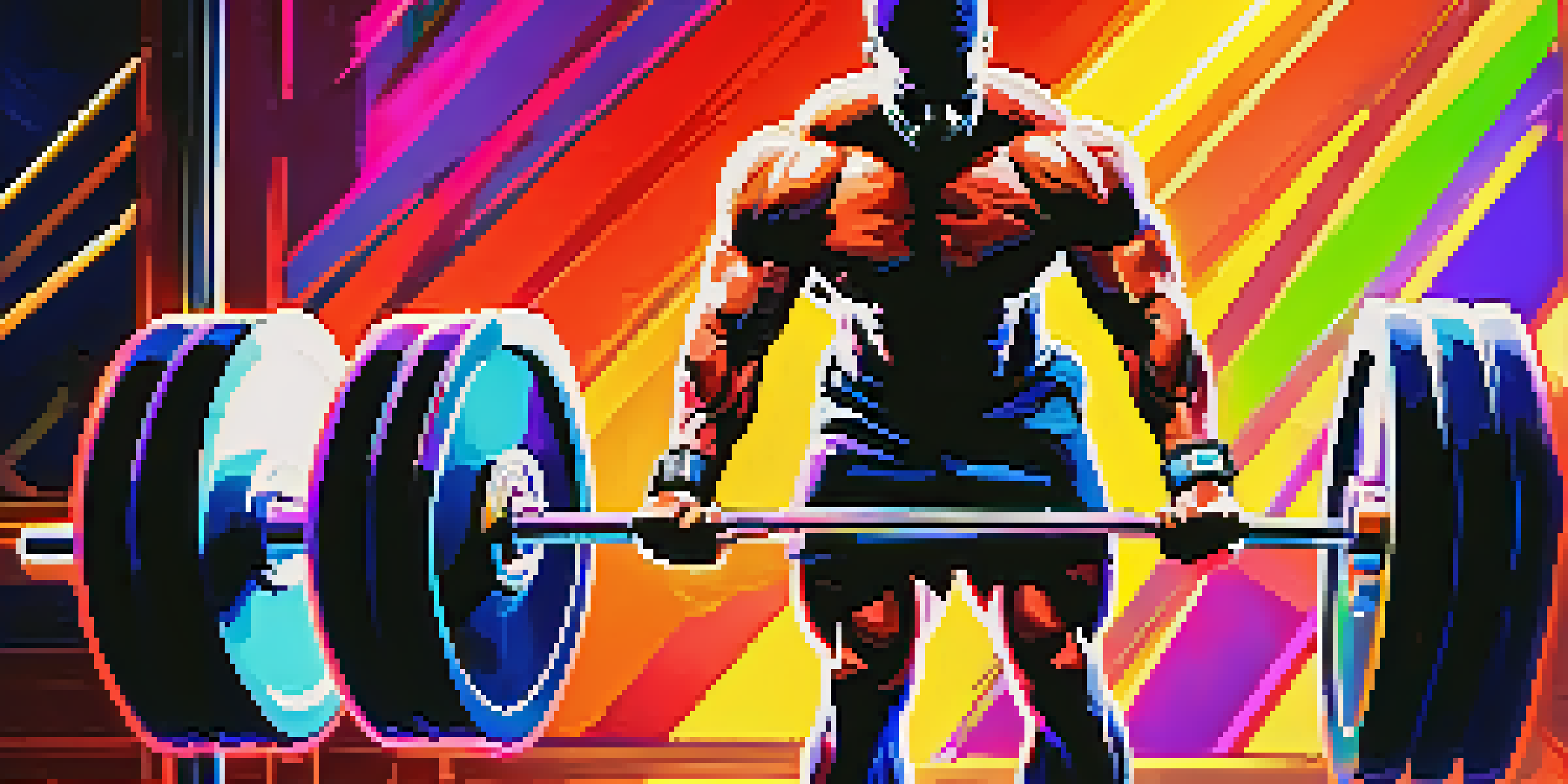 A bodybuilder lifting weights in a gym with musical notes and dynamic lighting creating an energetic atmosphere.