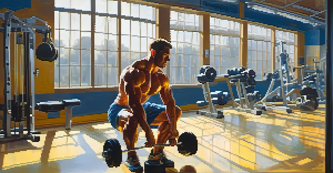 A bodybuilder lifting weights in a well-lit gym, with sweat on their forehead and a water bottle nearby.