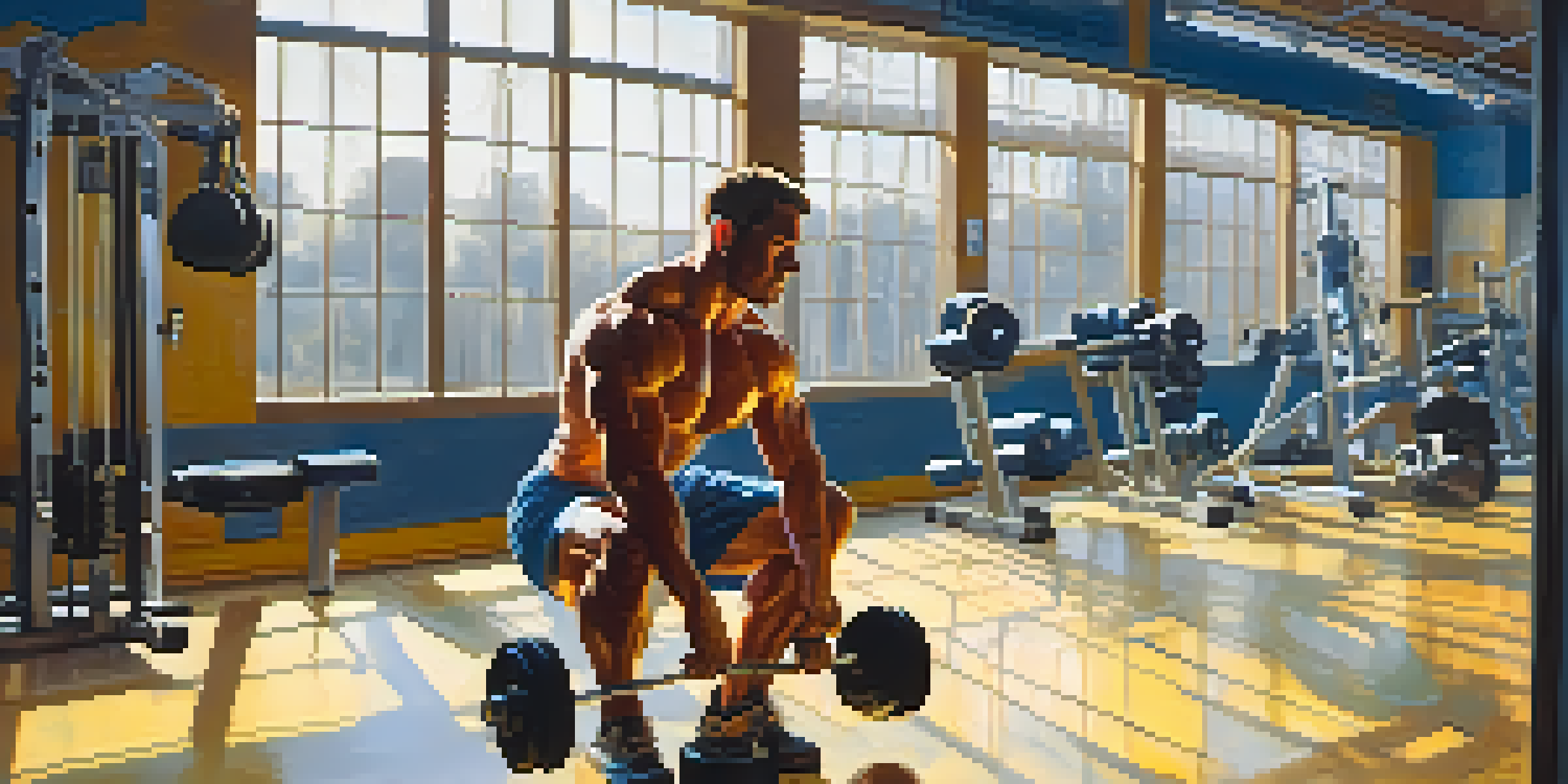 A bodybuilder lifting weights in a well-lit gym, with sweat on their forehead and a water bottle nearby.