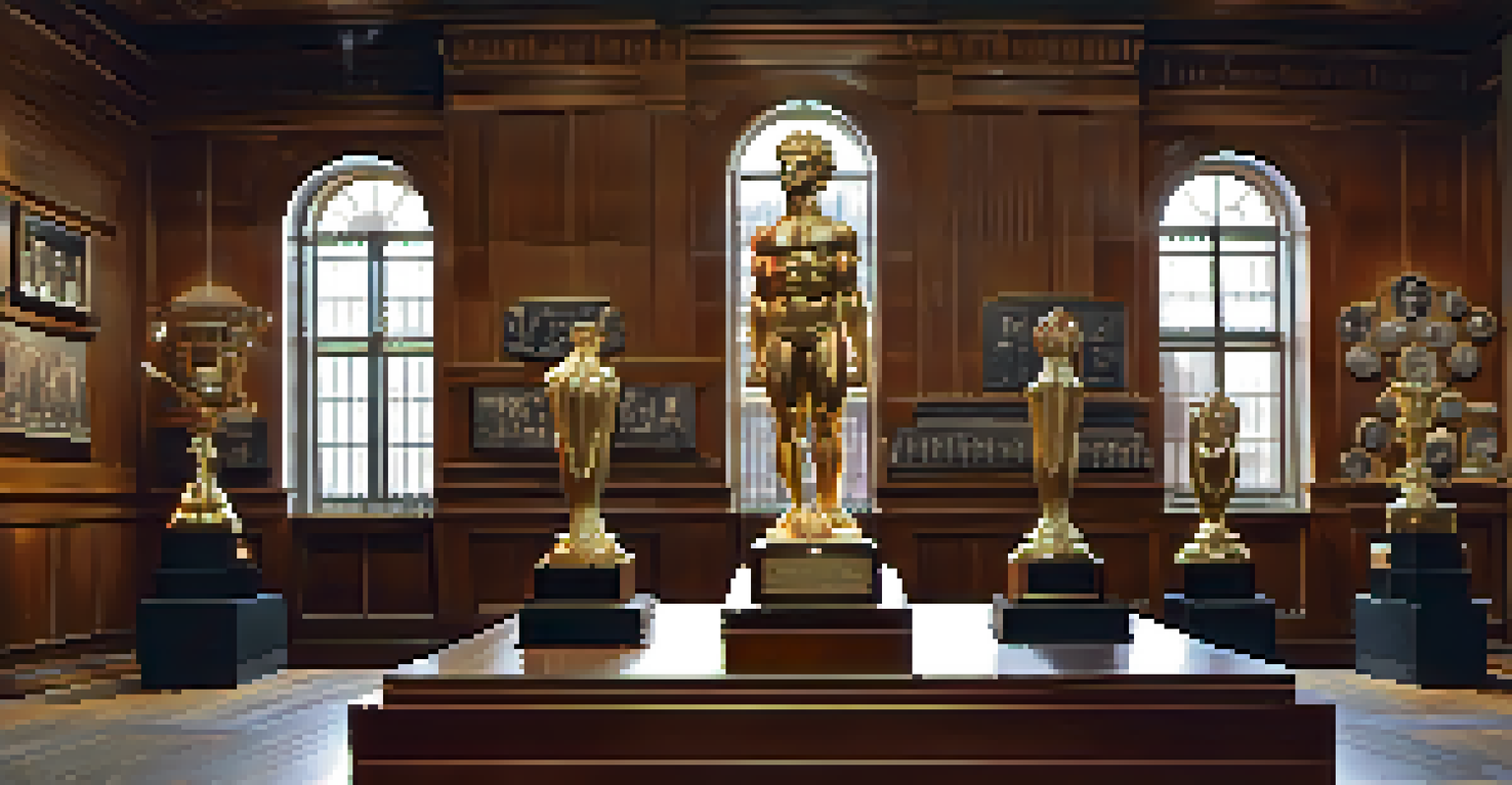The Sandow Trophy, a statue of Eugen Sandow, displayed on a wooden pedestal with dramatic lighting, surrounded by other bodybuilding trophies.