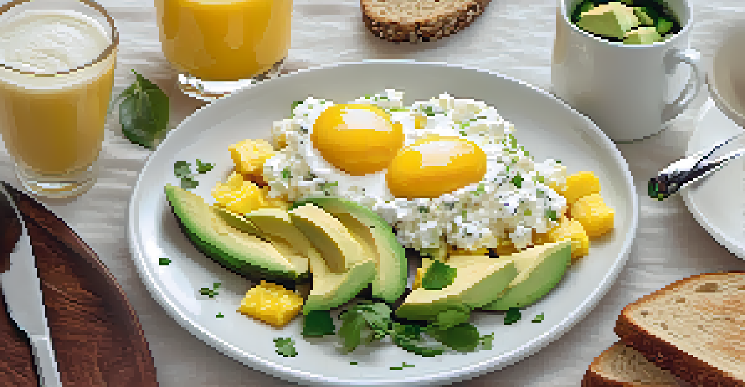 An overhead view of a nutritious breakfast featuring scrambled eggs, toast, avocado, cottage cheese with pineapple, and coffee on a linen napkin.