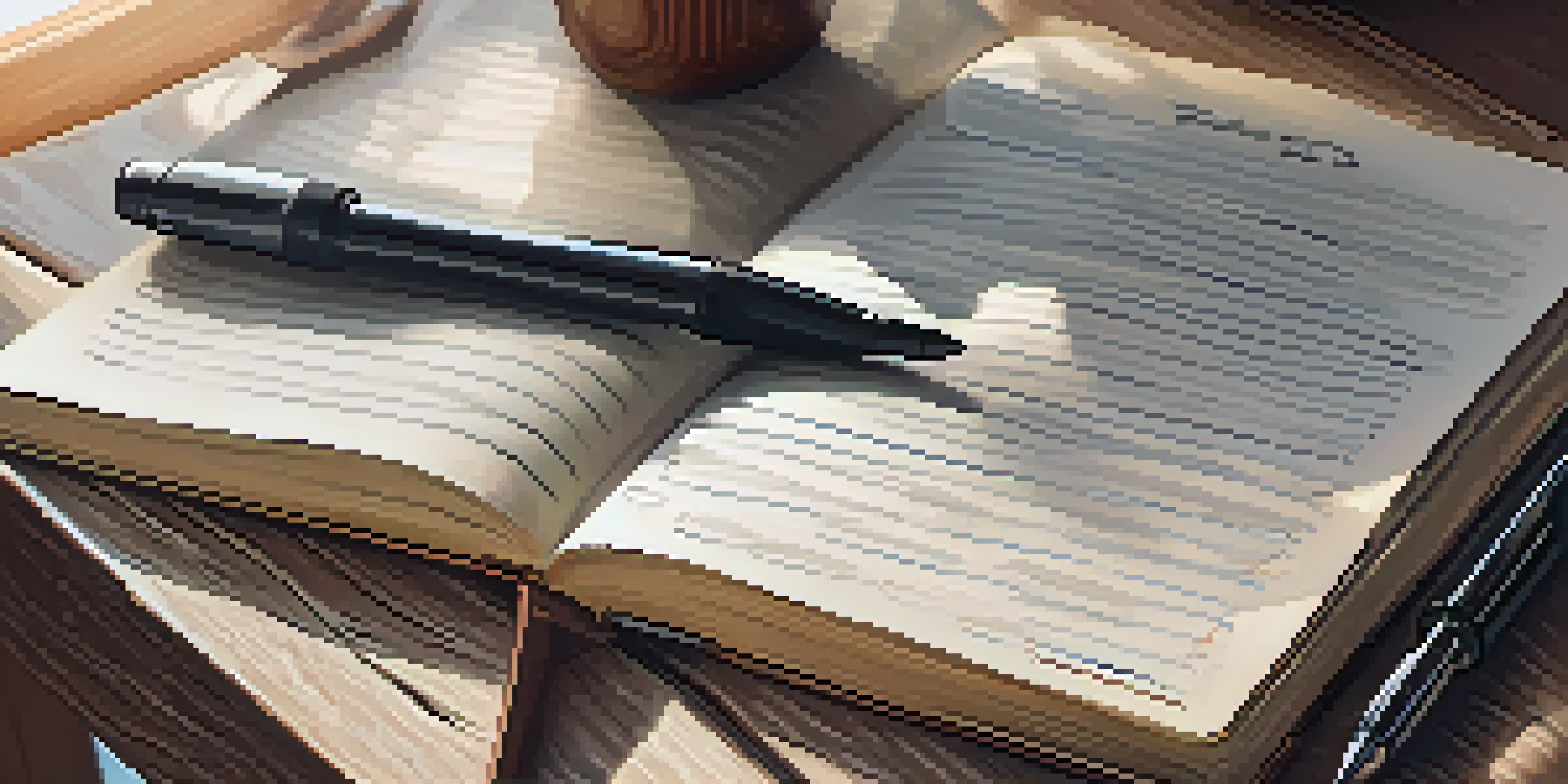 A close-up view of an open bodybuilding journal on a wooden desk with handwritten notes, a pen, a protein shake, and a dumbbell, illuminated by soft morning light.