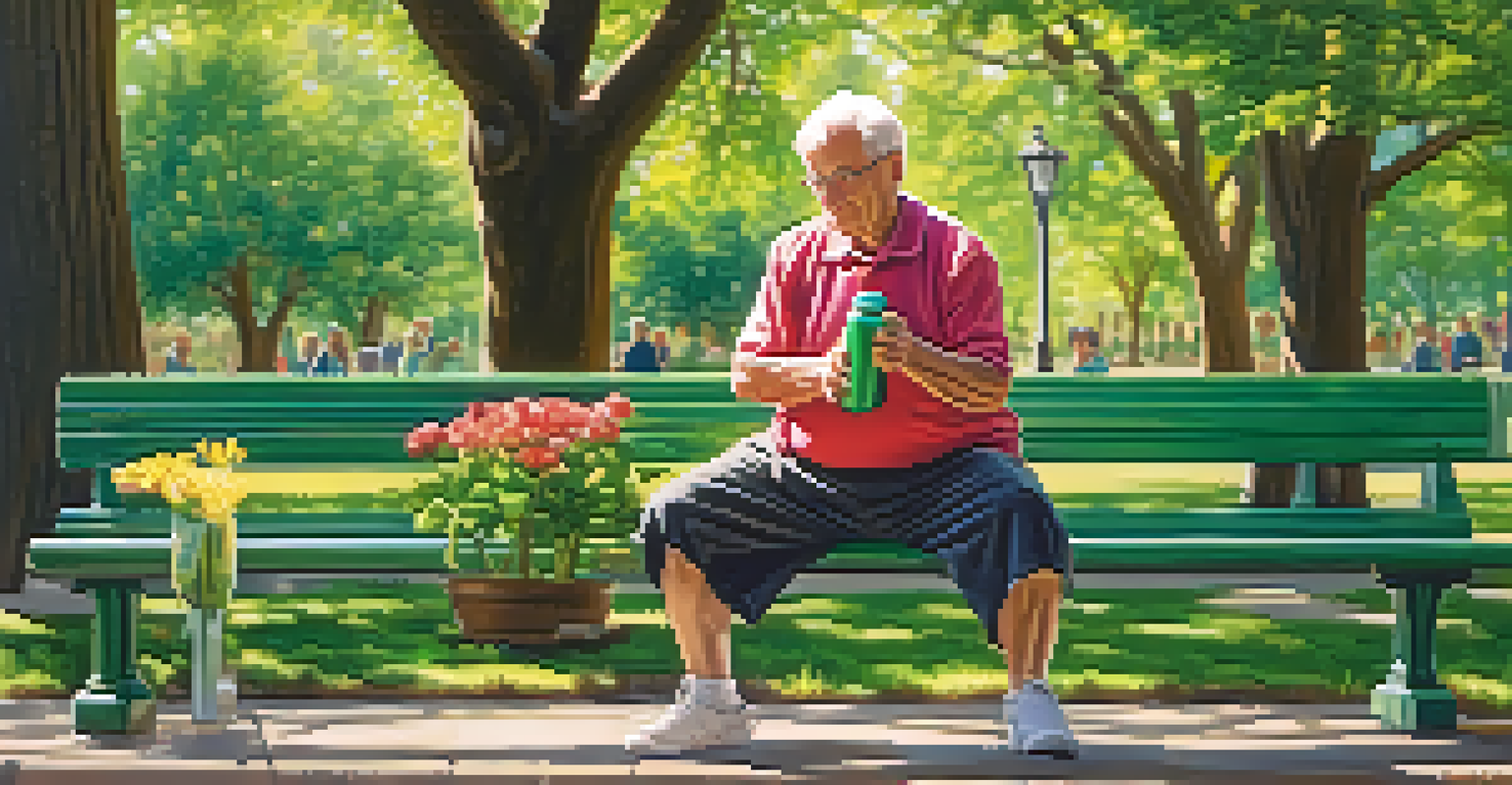 An older adult lifting weights in a park, with a protein shake bottle on a bench, surrounded by greenery.