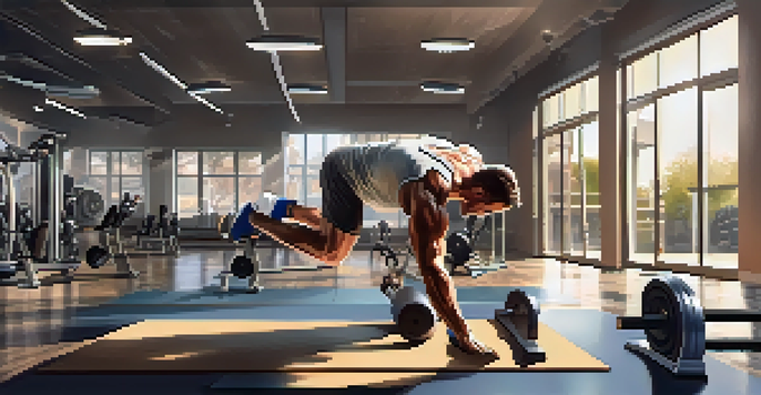 A bodybuilder in a gym doing dynamic stretches, emphasizing flexibility and muscle definition.