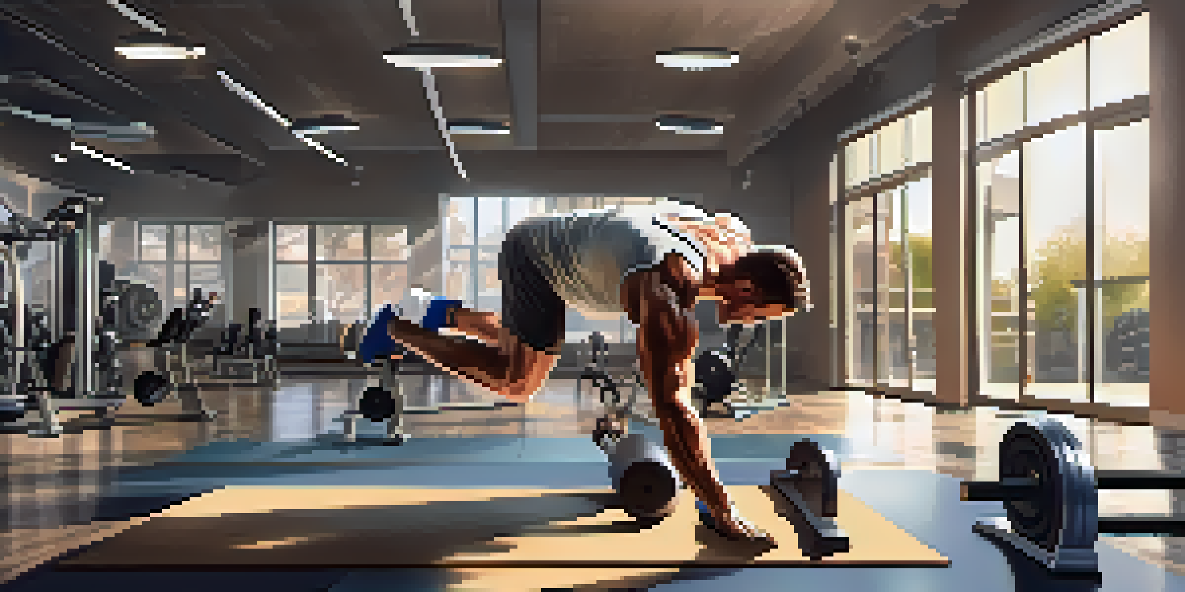 A bodybuilder in a gym doing dynamic stretches, emphasizing flexibility and muscle definition.