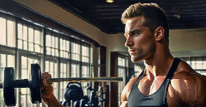 A bodybuilder in a gym, with visible muscles and sweat, preparing for a workout, surrounded by exercise equipment and warm light.