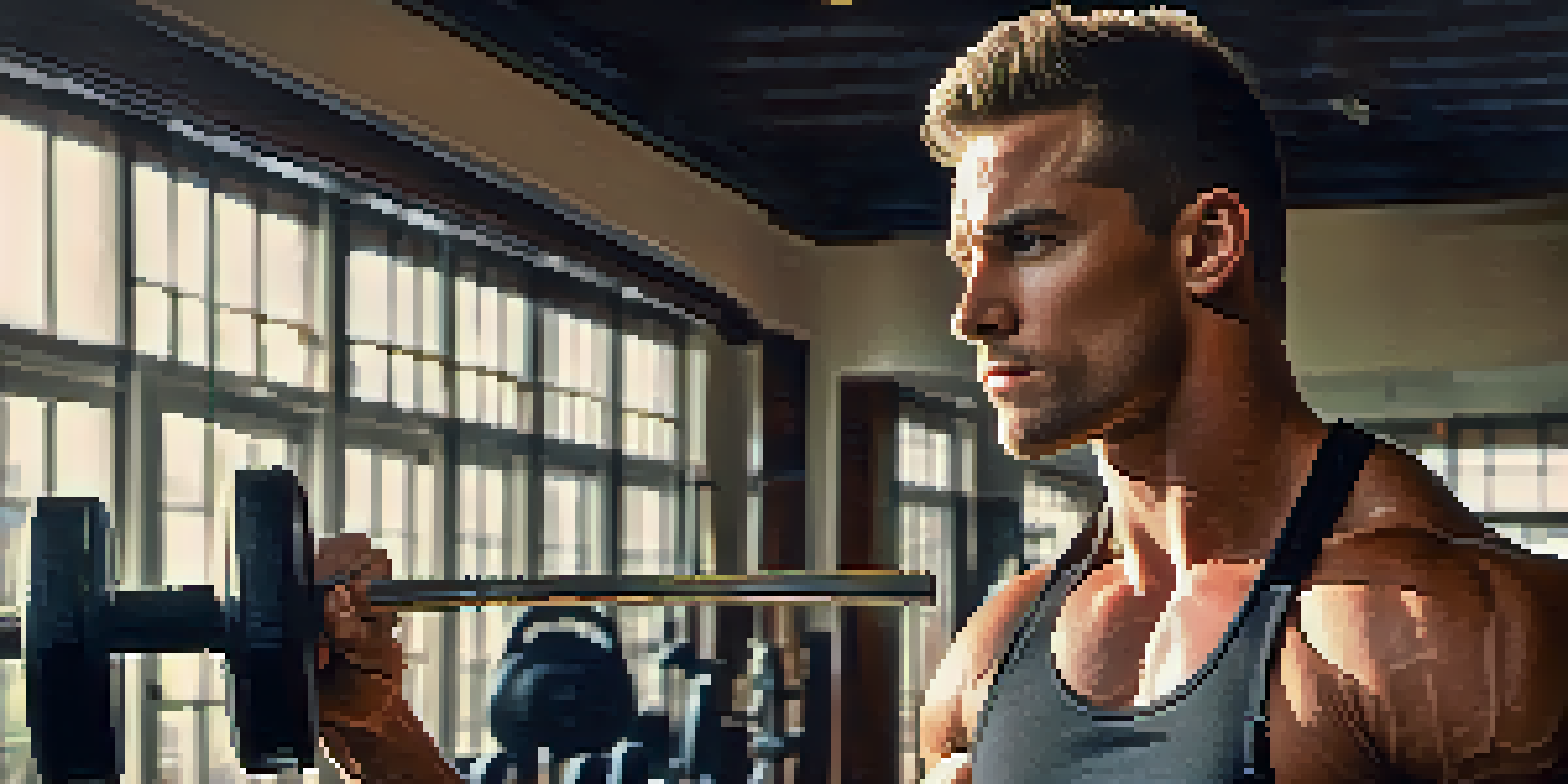 A bodybuilder in a gym, with visible muscles and sweat, preparing for a workout, surrounded by exercise equipment and warm light.