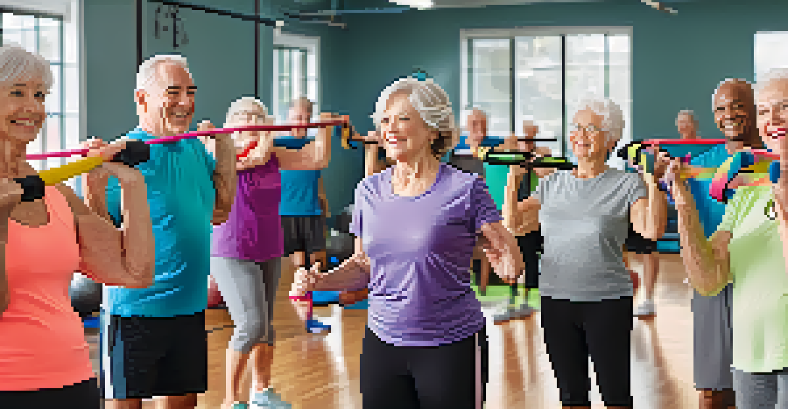 A group of older adults participating in a strength training class at a gym, using light weights and resistance bands, highlighting community and support.