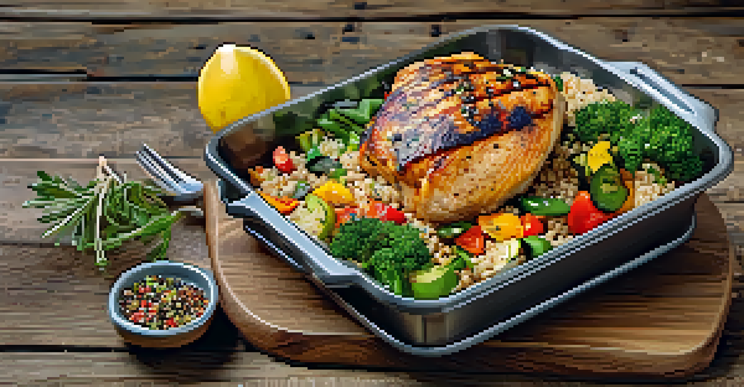 A balanced meal for bodybuilders with grilled chicken, quinoa, and vegetables arranged on a wooden table, accompanied by a glass of water with lemon.