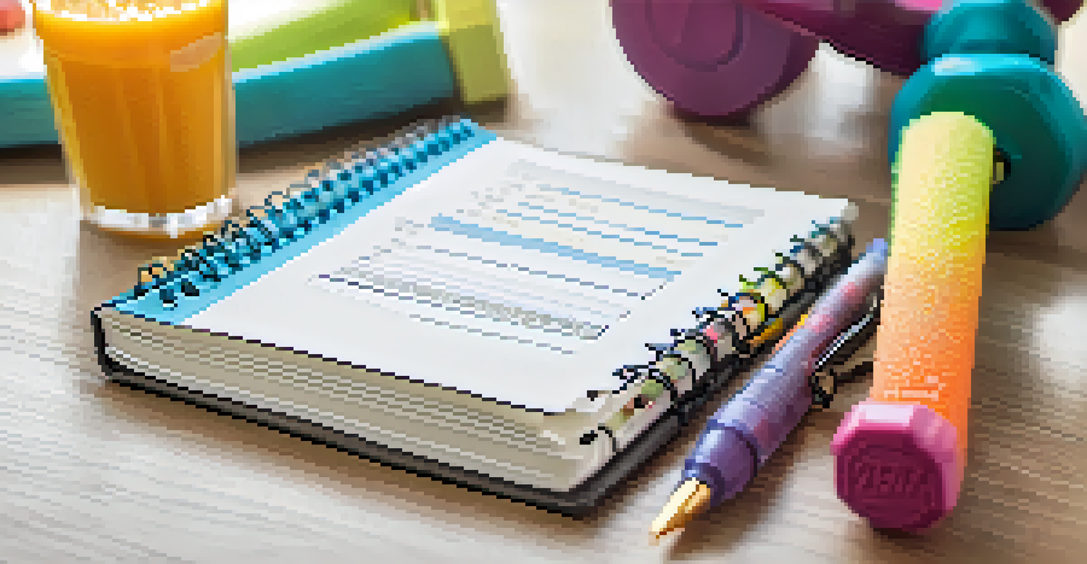 A close-up of an open workout journal with fitness goals and a smoothie on the table in a gym setting.