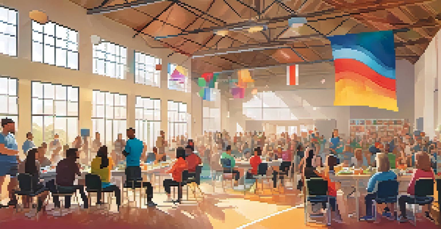 Fitness enthusiasts participating in a community workshop about nutrition and training in a gym.